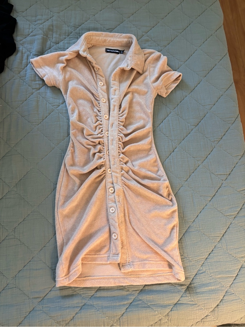 PrettyLittleThing Beige Terry Mini Dress with Collared Neck